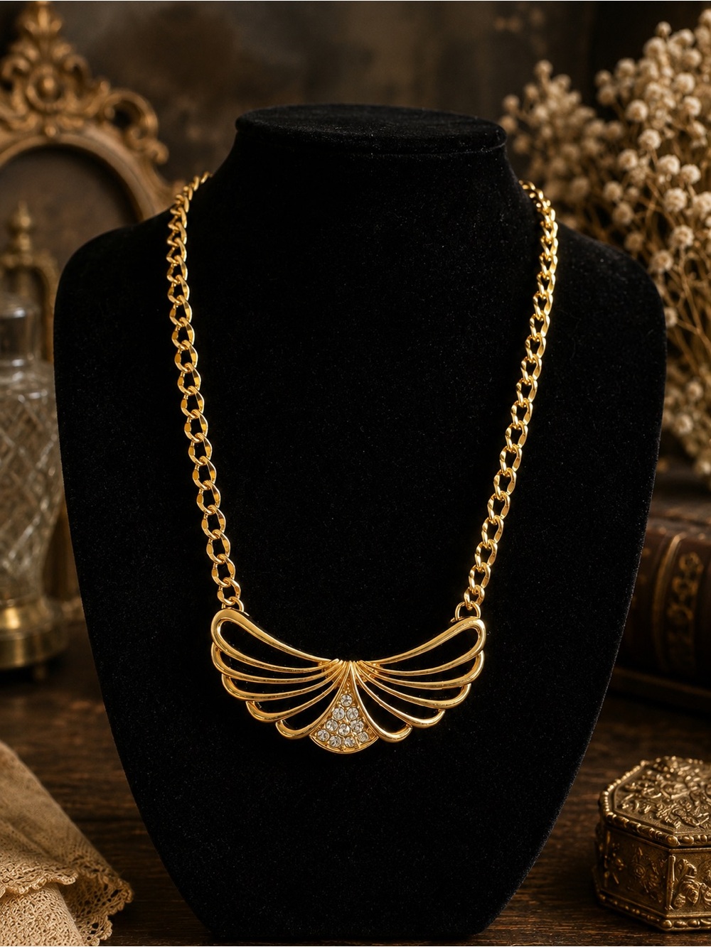 Vintage Avon 1987 Gold Fan-Style Necklace with Crystal Accent